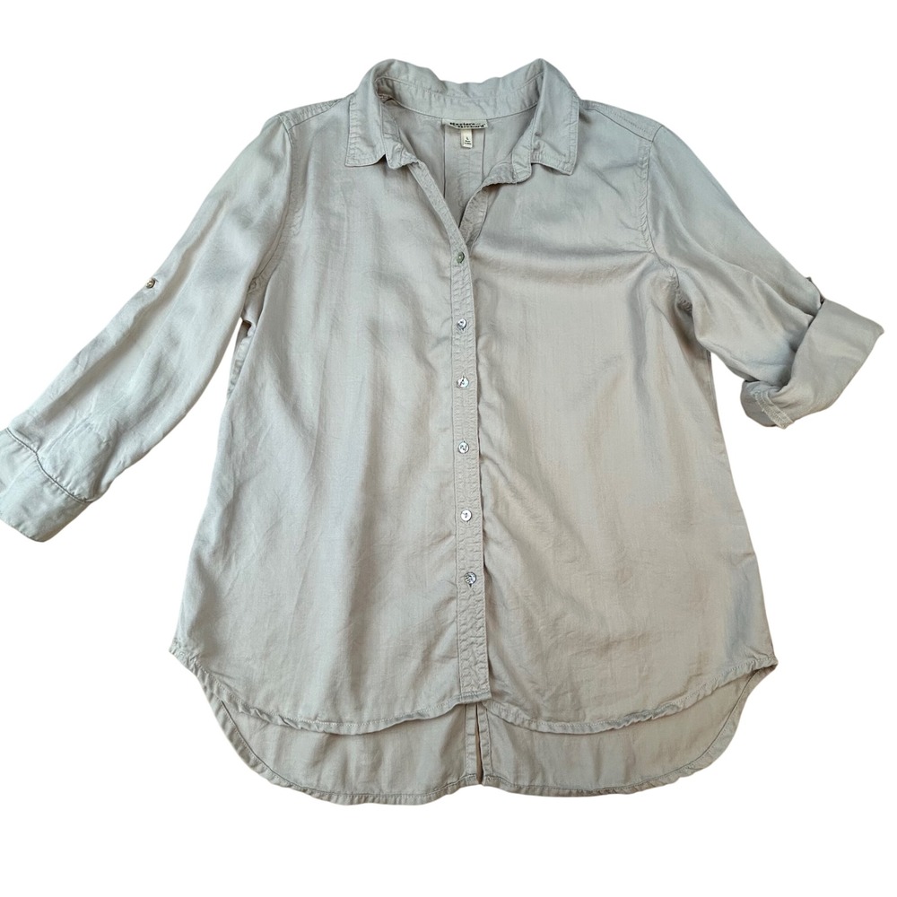 Hester & Orchard Womens Beige 100% Tencel Button Down Shirt Roll Tab Sleeve L